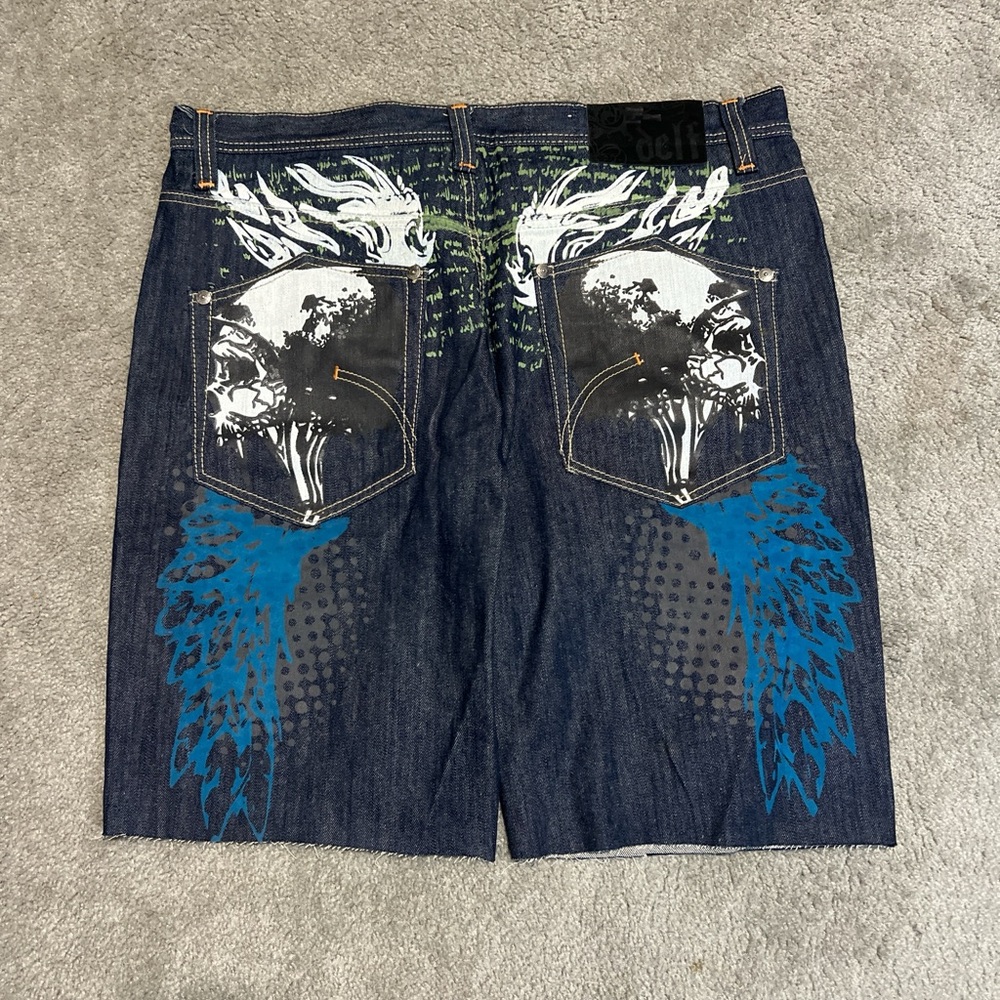ELF Dark Blue Jean Shorts with Graphic Design
